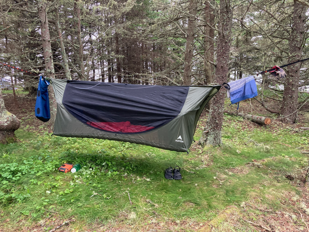 Items hung from the ridgeline at camp on the Haven XL